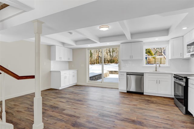 kitchen with sink, stainless steel appliances, dark hardwood / wood-style floors, and white cabinets