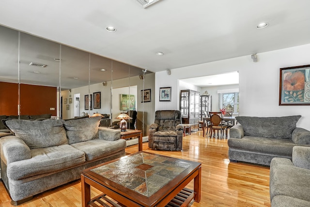 living room with a baseboard radiator and light hardwood / wood-style floors