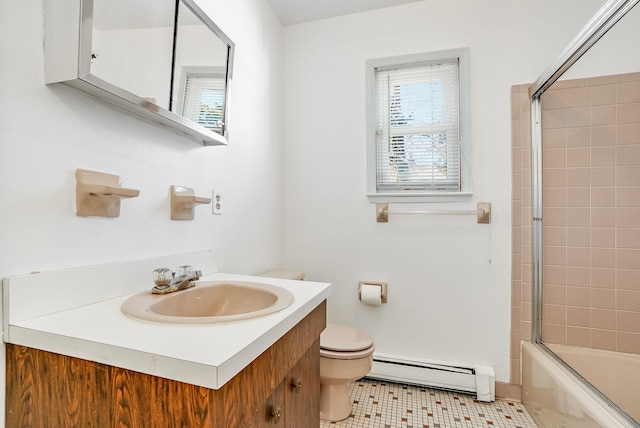 full bathroom featuring toilet, a baseboard radiator, vanity, enclosed tub / shower combo, and tile patterned flooring