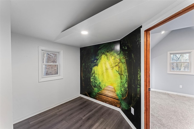 empty room featuring lofted ceiling and dark hardwood / wood-style flooring