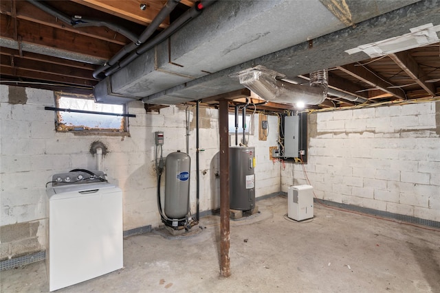 basement with water heater, washer / dryer, and electric panel