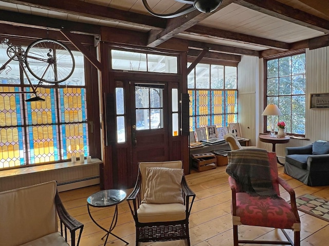 living area featuring a baseboard radiator, beam ceiling, and light hardwood / wood-style floors