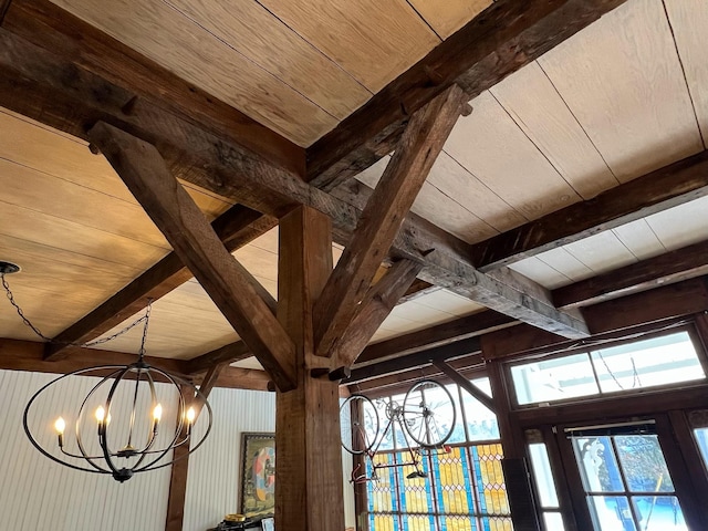 details with beamed ceiling, wood ceiling, and a notable chandelier