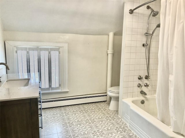 full bathroom featuring a baseboard radiator, vanity, shower / tub combo, toilet, and tile patterned floors