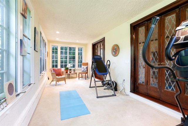 workout room featuring light colored carpet and a textured ceiling