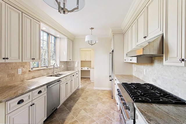 kitchen featuring sink, decorative light fixtures, ornamental molding, appliances with stainless steel finishes, and light stone countertops