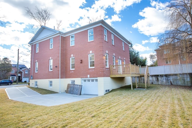 view of property exterior featuring an attached garage, a yard, stairway, and a wooden deck