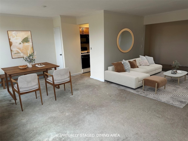 living room featuring light carpet and ornamental molding