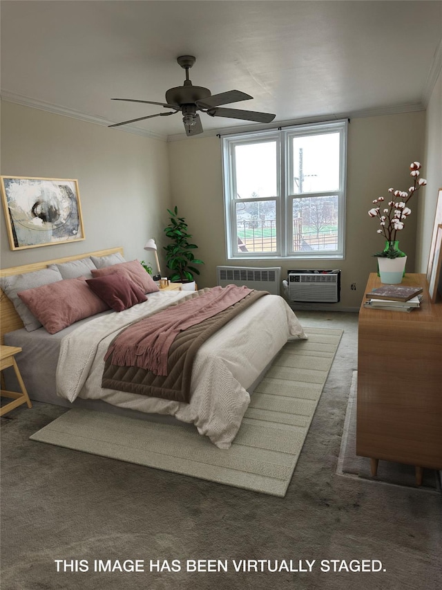 carpeted bedroom featuring ornamental molding, radiator, and a wall unit AC