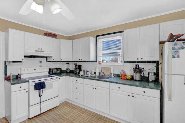 kitchen with sink, white appliances, light parquet floors, tasteful backsplash, and white cabinets