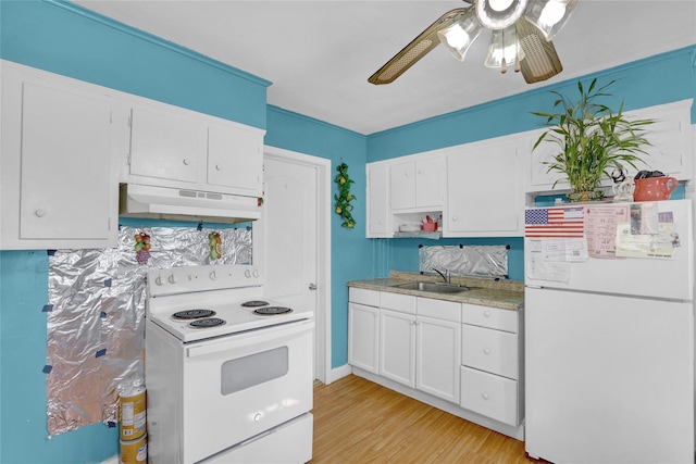 kitchen with sink, white appliances, light hardwood / wood-style flooring, ceiling fan, and white cabinets