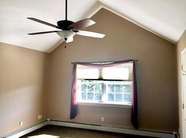 empty room featuring lofted ceiling, a baseboard heating unit, and ceiling fan