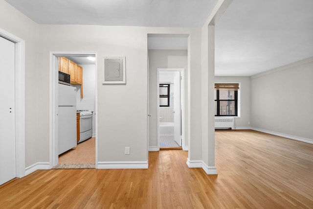 unfurnished bedroom with radiator, light hardwood / wood-style floors, electric panel, and white refrigerator