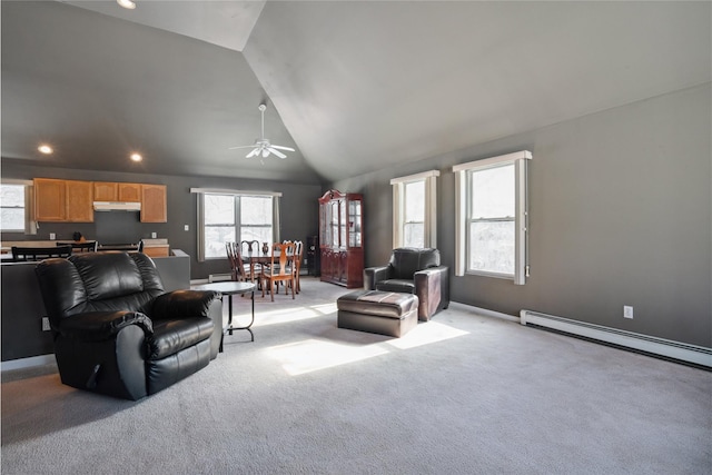 living room with lofted ceiling, light carpet, ceiling fan, and baseboard heating