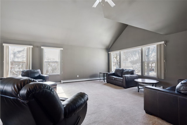 living room with lofted ceiling, light carpet, and baseboard heating