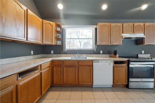 kitchen with light tile patterned flooring, dishwasher, lofted ceiling, sink, and stainless steel electric range