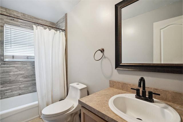 full bathroom with vanity, toilet, and shower / bathtub combination with curtain