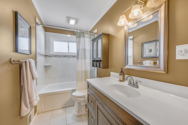 full bathroom featuring tile patterned flooring, vanity, toilet, crown molding, and shower / bathtub combination with curtain