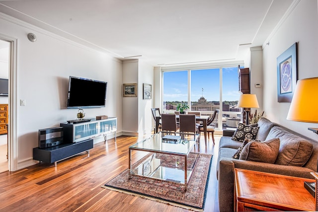 living room with expansive windows, ornamental molding, and wood-type flooring