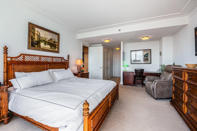 bedroom with light colored carpet