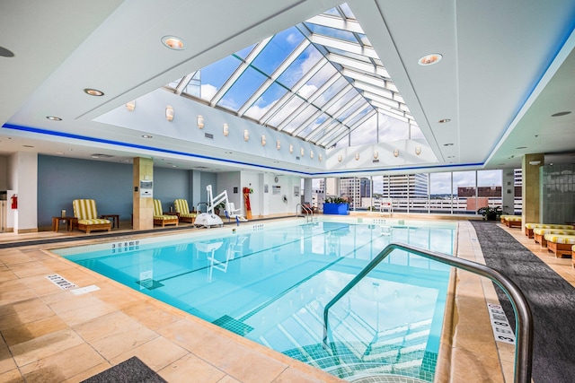 view of pool with a skylight