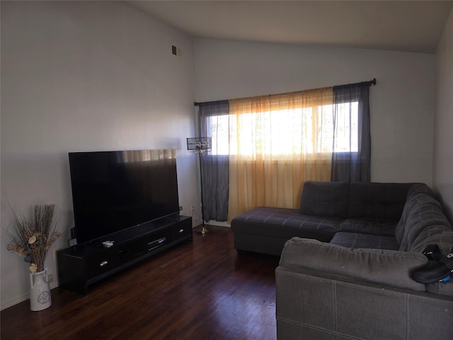 living room featuring dark wood-type flooring and vaulted ceiling