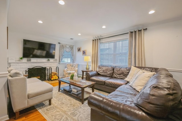 living room with ornamental molding, a fireplace, and light hardwood / wood-style floors