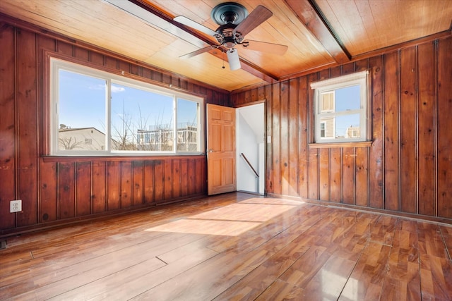 empty room with wood ceiling, wooden walls, wood finished floors, and baseboards