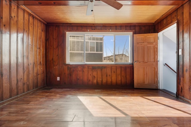 spare room featuring a ceiling fan, wooden ceiling, wooden walls, and wood finished floors