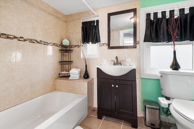 full bath featuring vanity, tile patterned flooring, tile walls, toilet, and backsplash