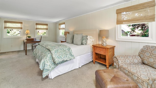 bedroom featuring light colored carpet