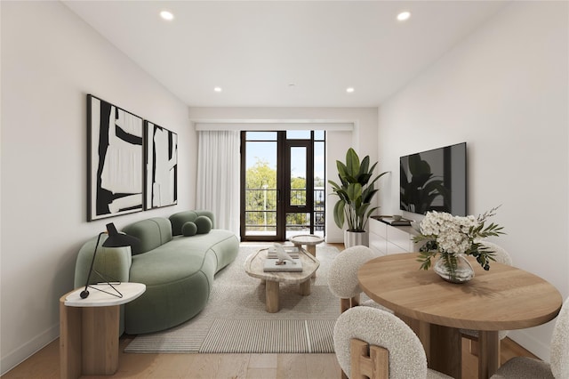 living room featuring french doors and light wood-type flooring