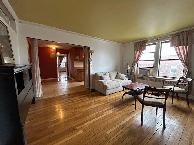 living area with cooling unit, light hardwood / wood-style floors, and a wealth of natural light