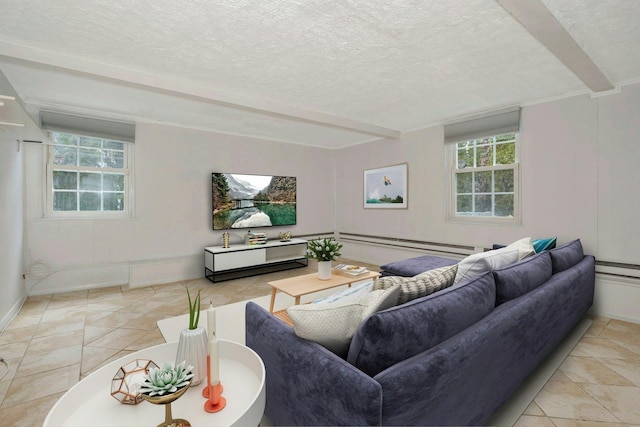 living room with light tile patterned floors and a textured ceiling