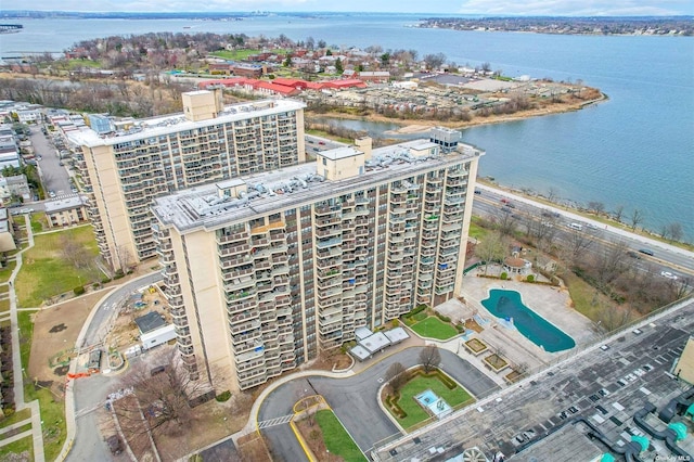 aerial view featuring a water view