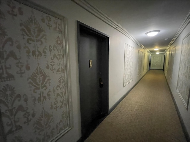 corridor with light colored carpet and ornamental molding