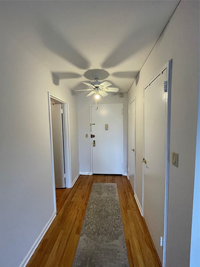 doorway with hardwood / wood-style flooring and ceiling fan