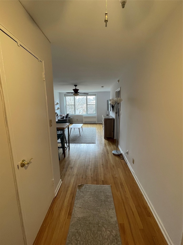 hallway featuring radiator and light hardwood / wood-style floors