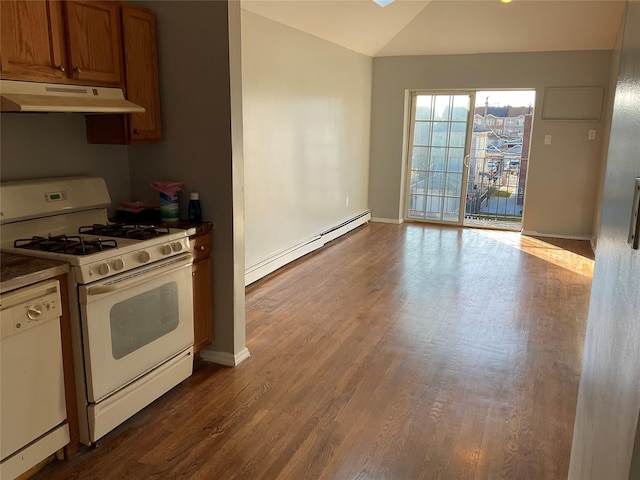 kitchen with baseboard heating, white appliances, dark hardwood / wood-style flooring, and vaulted ceiling