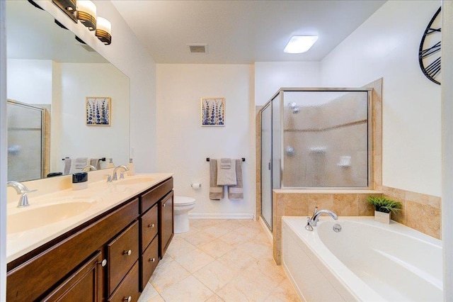 bathroom featuring a garden tub, a sink, visible vents, double vanity, and a stall shower