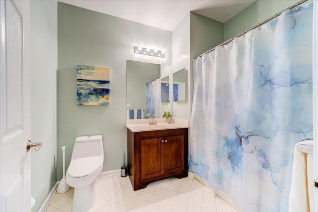 full bathroom with a shower with curtain, toilet, vanity, tile patterned flooring, and baseboards