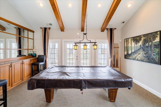 rec room with carpet floors, vaulted ceiling with beams, baseboards, and visible vents