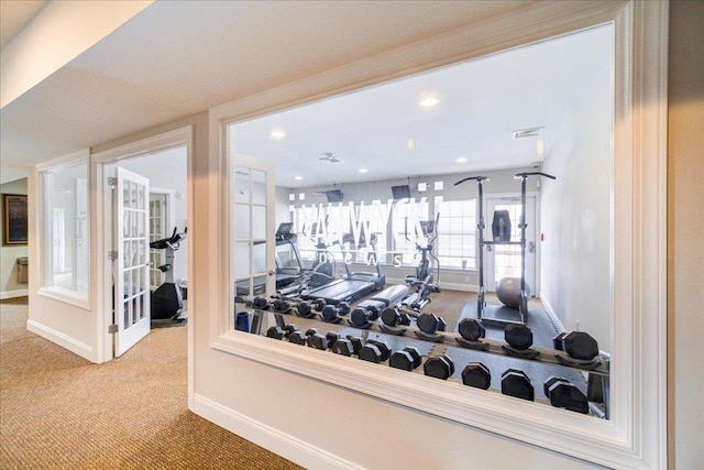 exercise room with french doors, recessed lighting, visible vents, carpet flooring, and baseboards