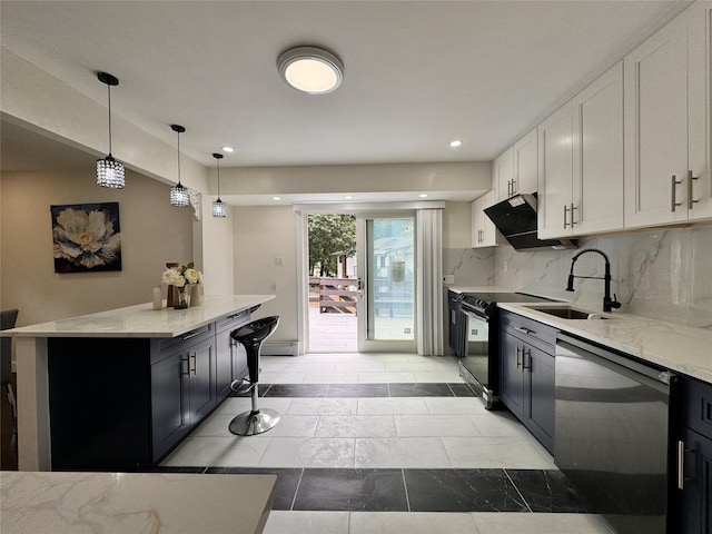 kitchen with sink, black appliances, white cabinets, and light stone countertops