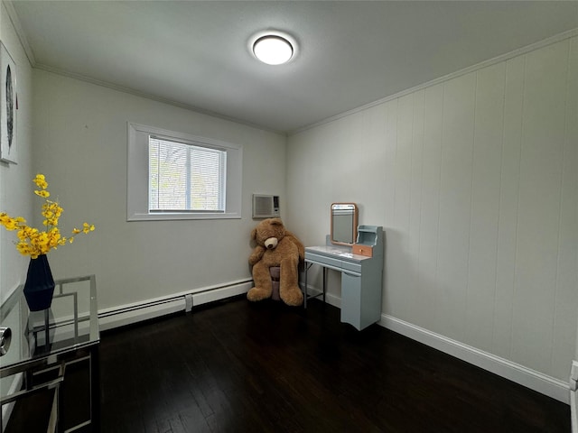 office with ornamental molding, an AC wall unit, and dark wood-type flooring