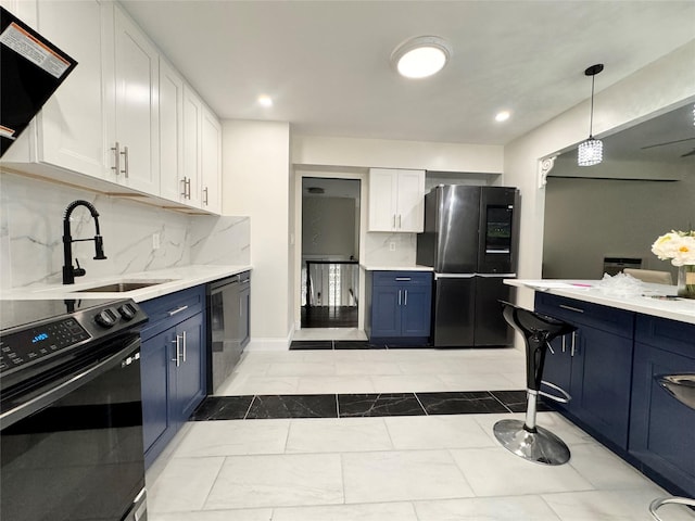 kitchen featuring blue cabinets, sink, white cabinetry, hanging light fixtures, and black appliances