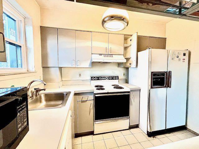 kitchen featuring white cabinetry, sink, and white appliances