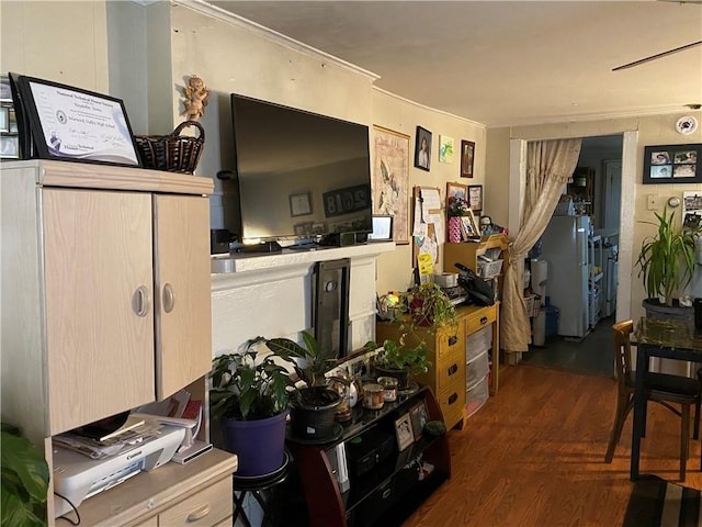 interior space with white refrigerator, ornamental molding, dark wood-type flooring, and light brown cabinetry