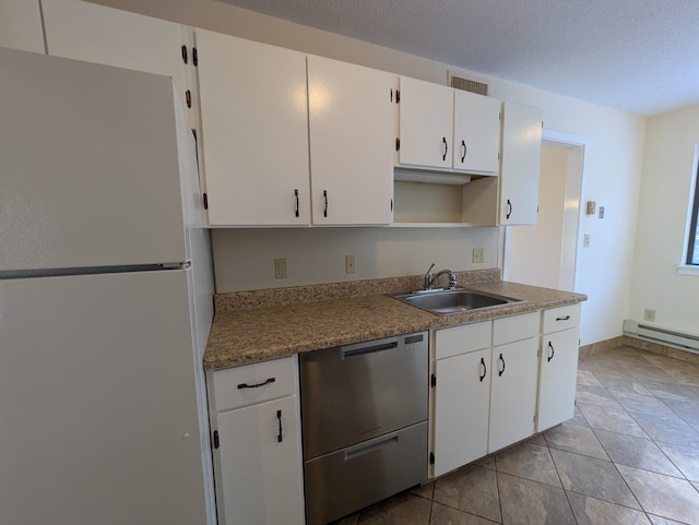 kitchen featuring dishwasher, white cabinetry, sink, a baseboard radiator, and white fridge