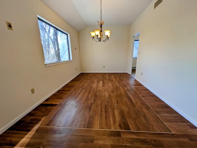 unfurnished dining area with lofted ceiling, dark hardwood / wood-style flooring, and a notable chandelier